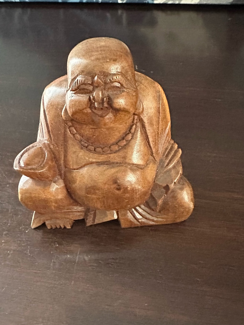 Carved Wood Laughing Buddha Statue - Brown